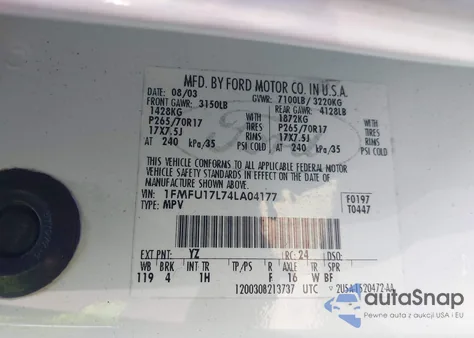 2004 Ford Expedition Eddie Bauer z USA, uszkodzony, nr VIN 1FMFU17L74LA04177